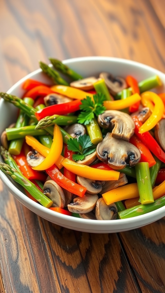 Sautéed asparagus and veggie medley with bell peppers and mushrooms, garnished with parsley.